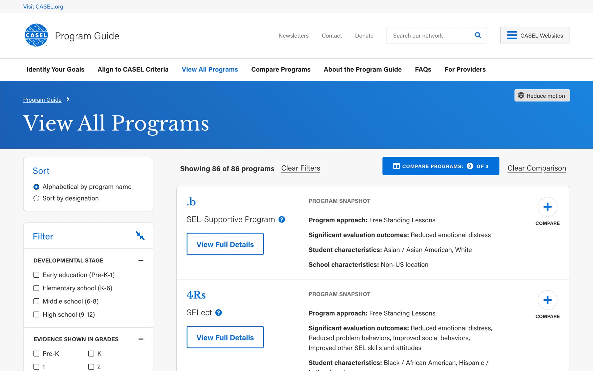 casel program guide website showing all programs