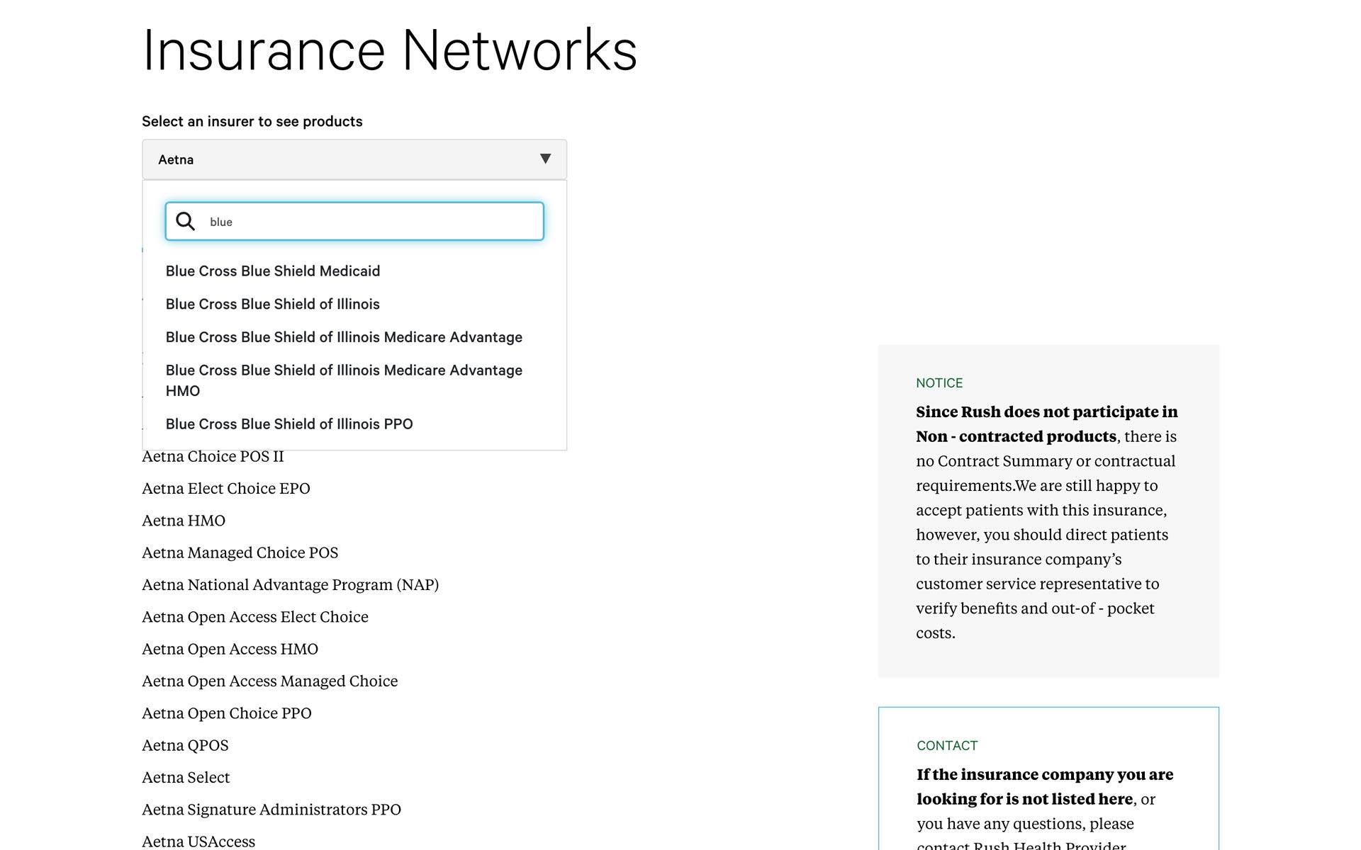 Rush webpage with insurance networks listed and an autofill dropdown input
