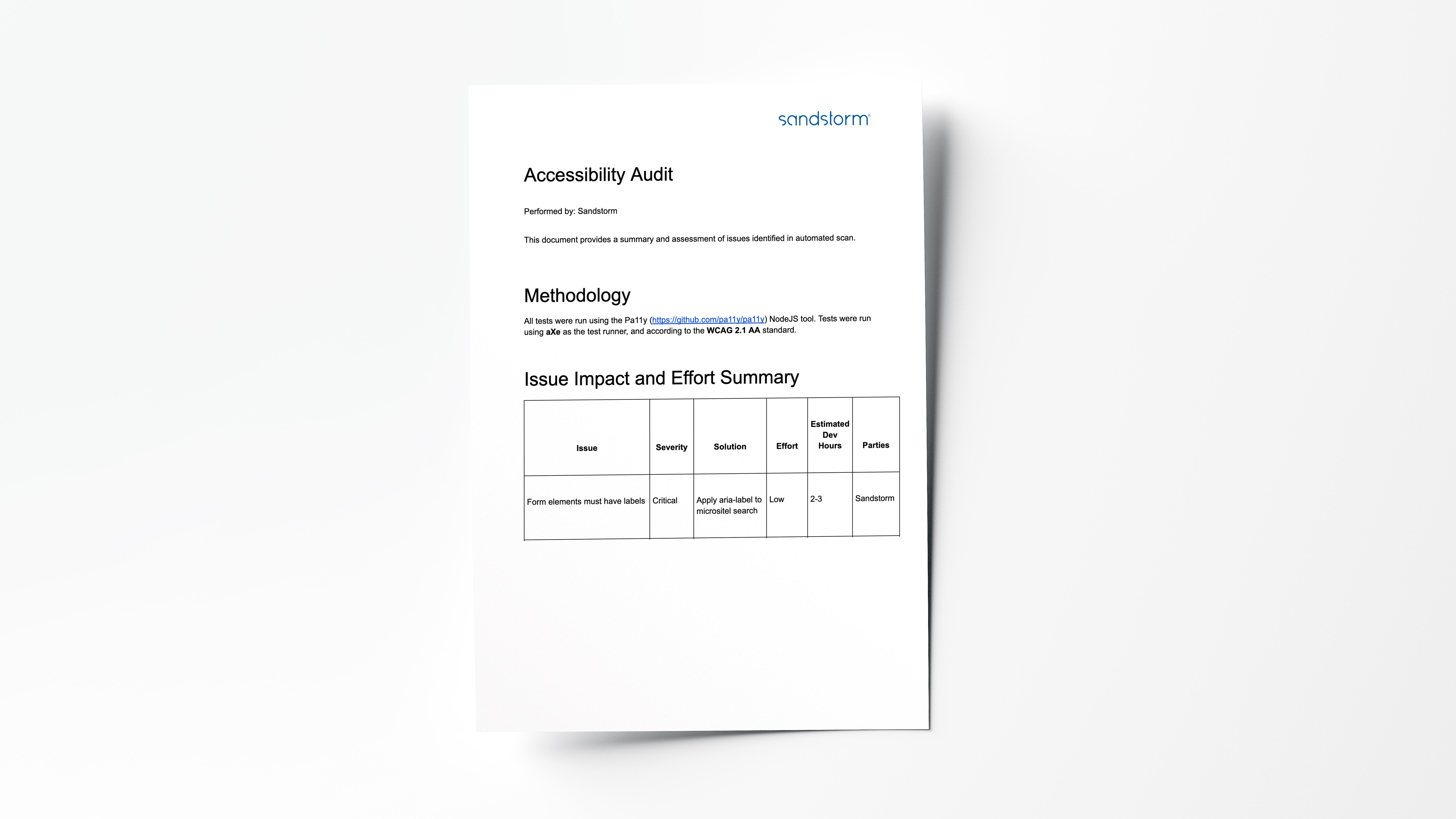Sample accessibility audit document outlining issues, severity, solution, effort, hours, and parties involved.