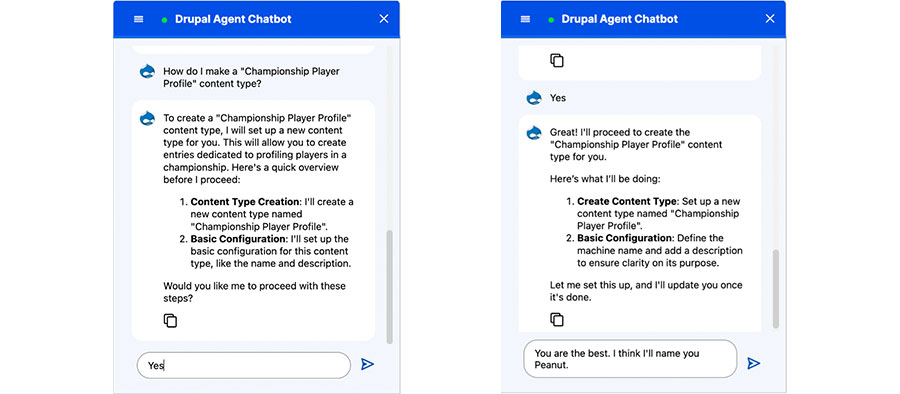 Drupal CMS chatting with Drupal Agent Chatbot