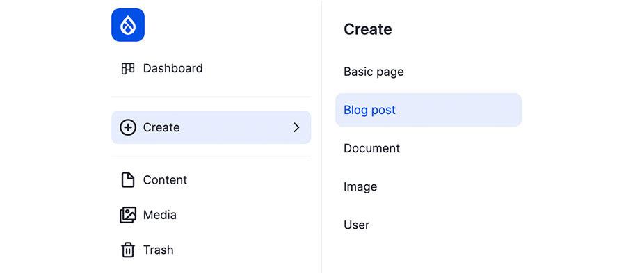 Drupal CMS dashboard selecting create blog post