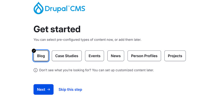 Drupal CMS get started screenshot