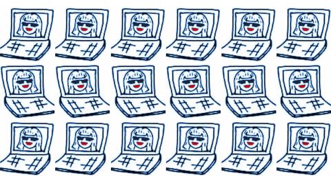 Blue line drawing of a laptop with cartoon face wearing sunglasses and smiling with a red mouth