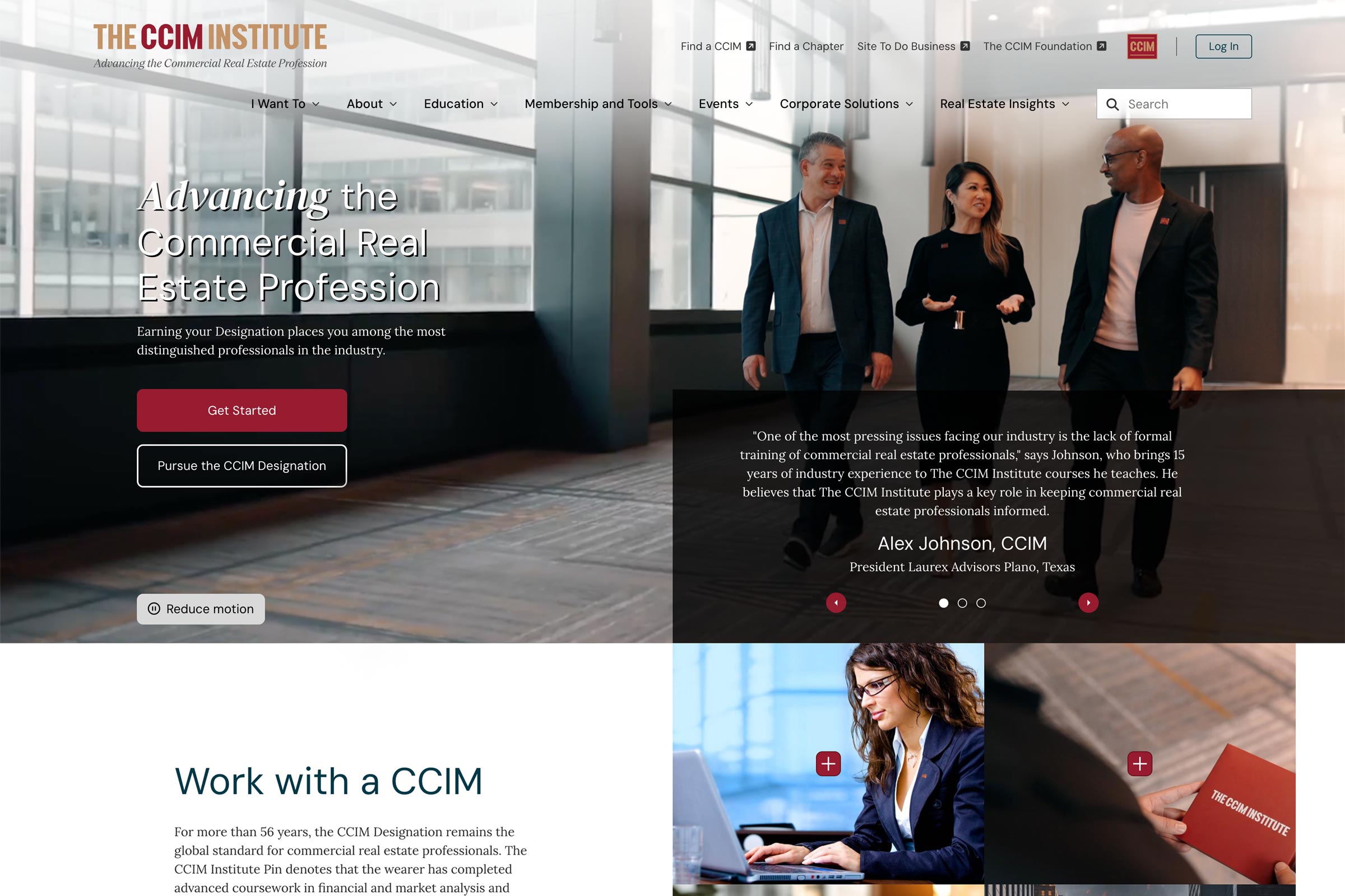 Homepage featuring 3 professionals in a commercial hallway