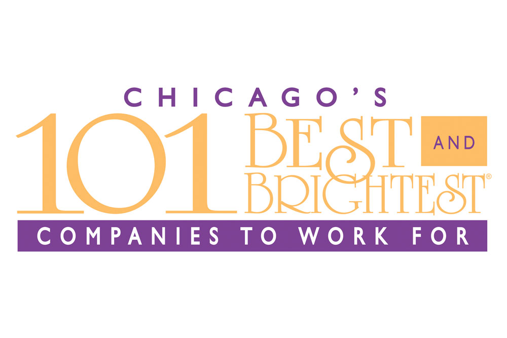 The logo for Chicago's 101 Best and Brightest Companies to Work For, written in an orange and purple serif font.