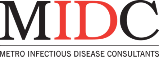 The logo for the Metro Infectious Disease Consultants, which uses a serif font with the letter M in black, I and D in red, and C in black to spell the acronym MIDC.