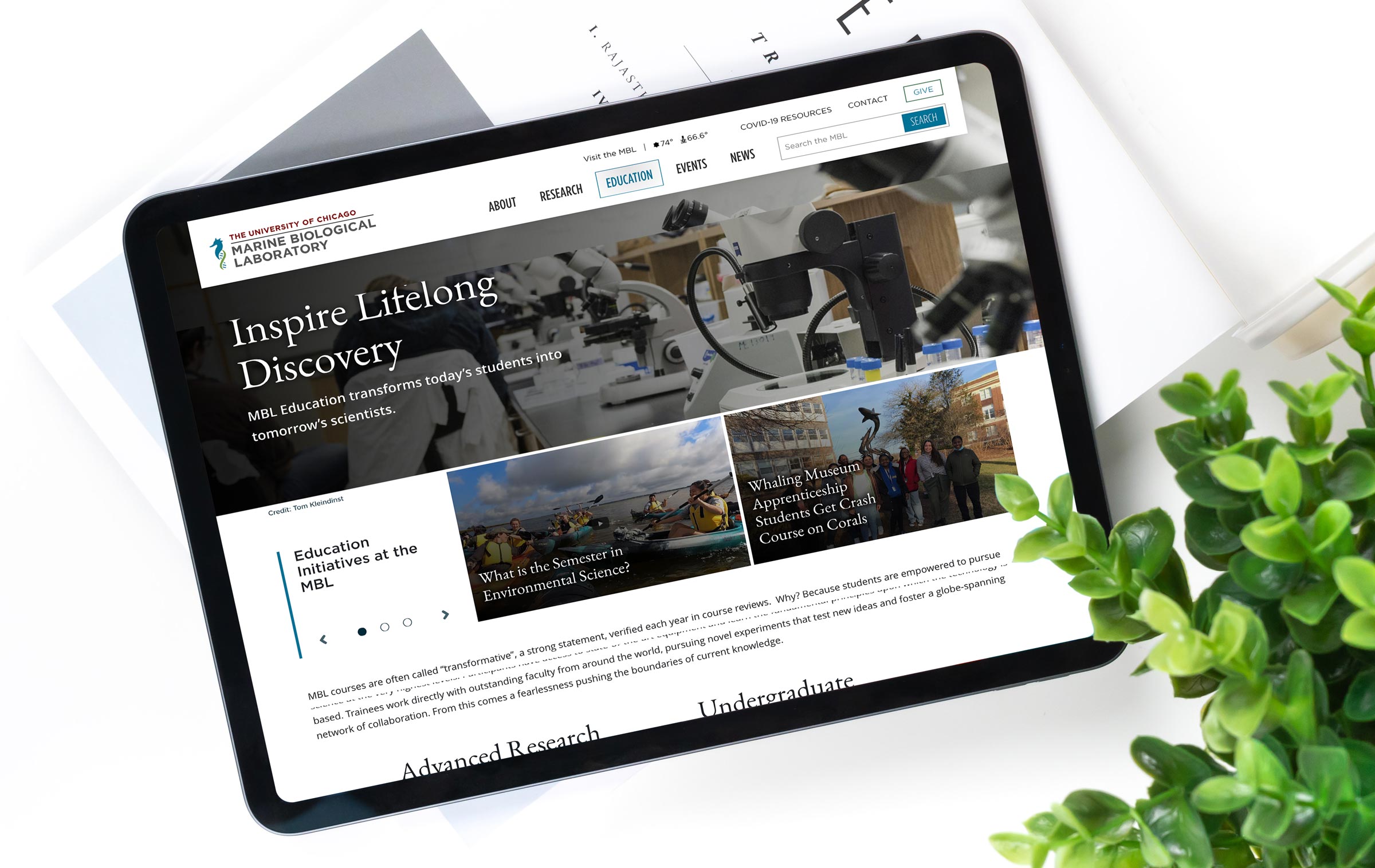 The MBL site on a tablet with a headline: Inspire lifelong discovery