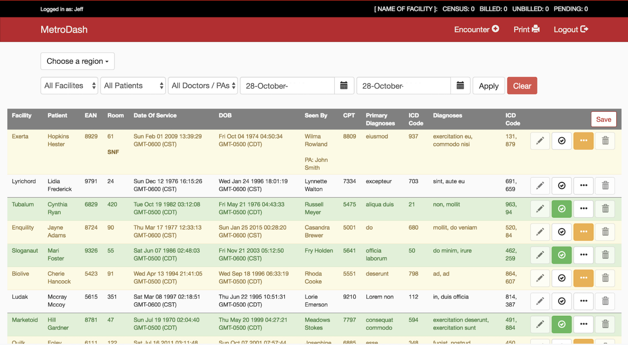 Example billing screen with yellow and green alternating rows