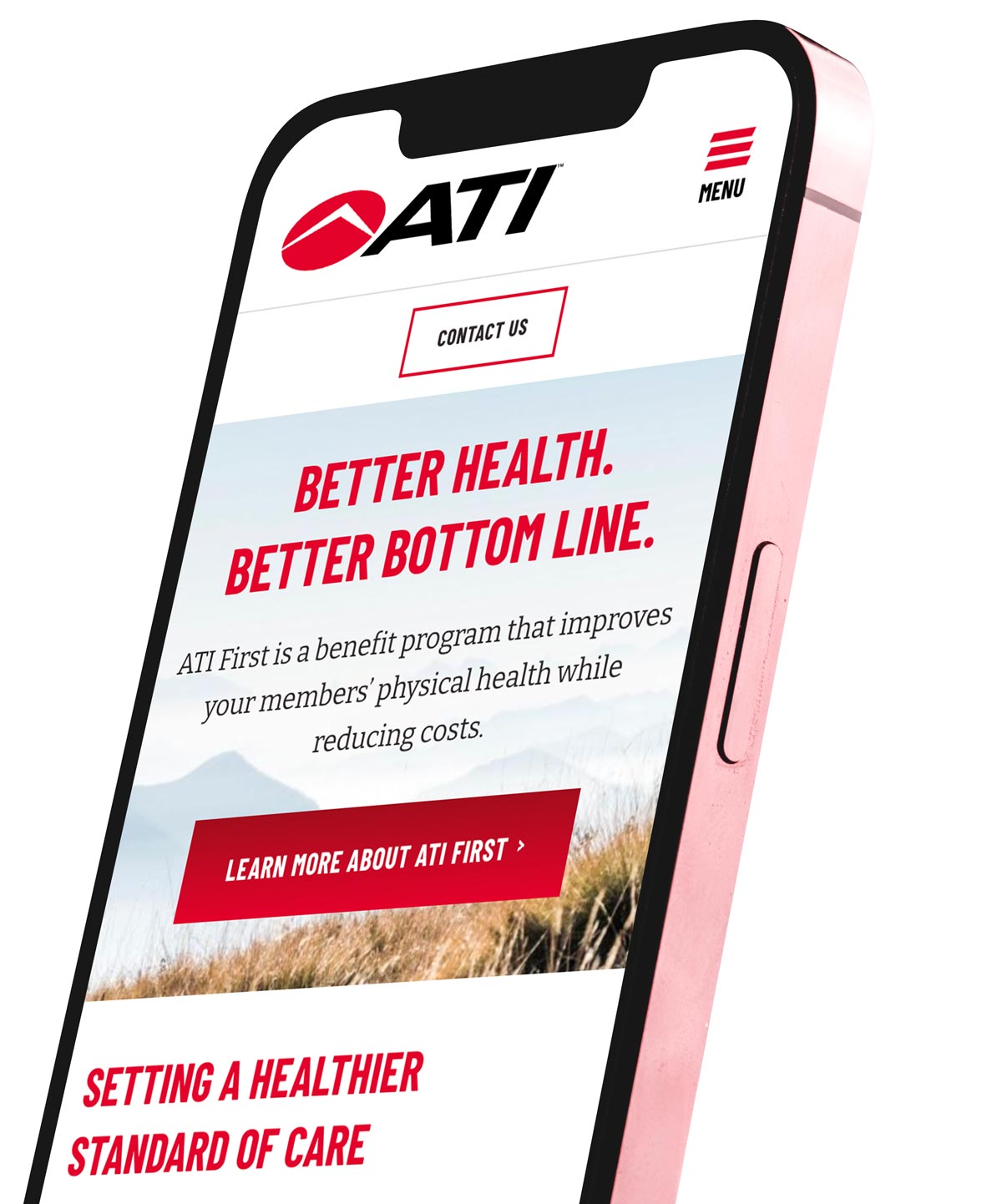 An ATI website on a mobile phone. Headline says "Beter Health. Better Bottom Line."