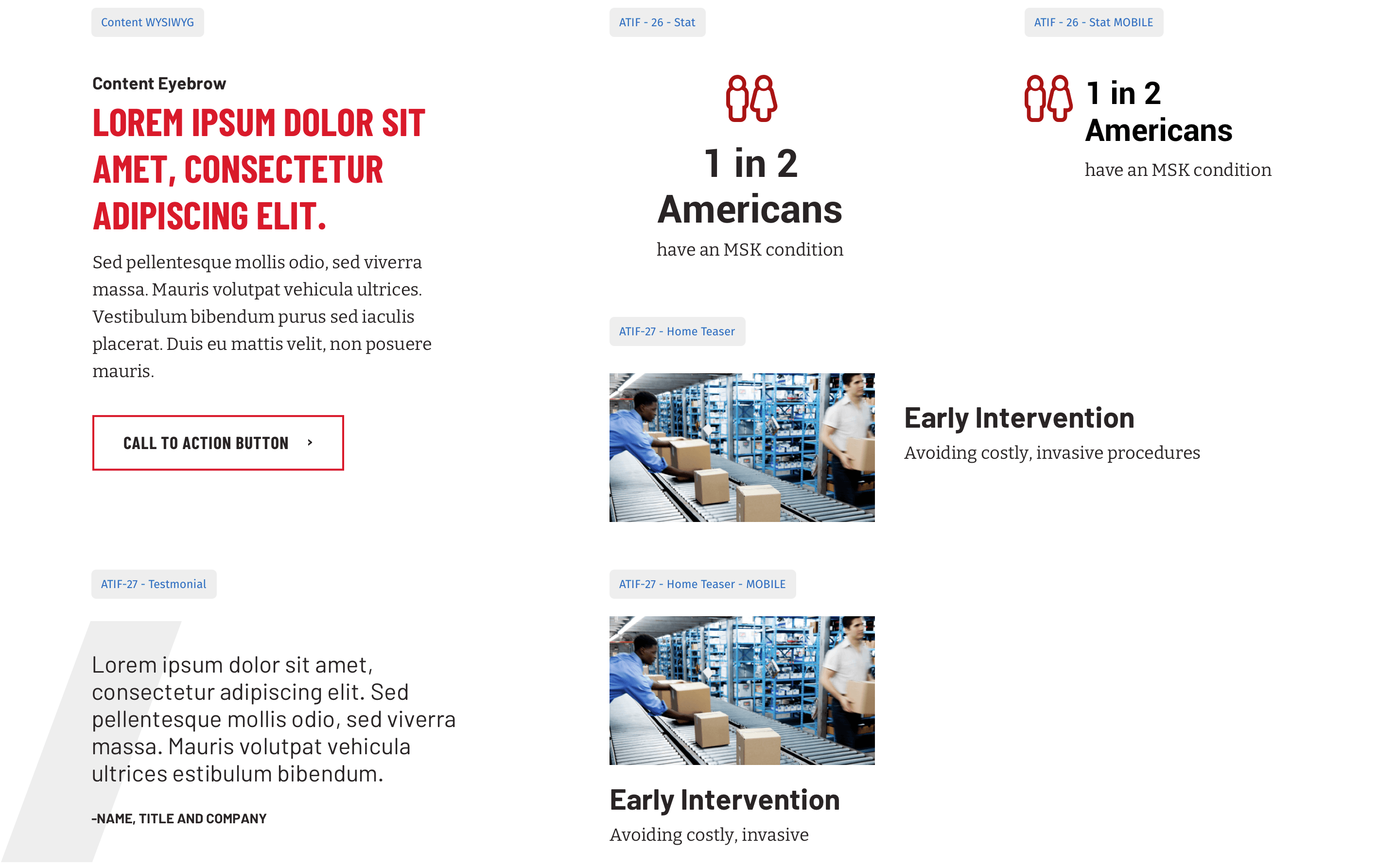 A page of design patterns for the ATI First website. Each element has a label.