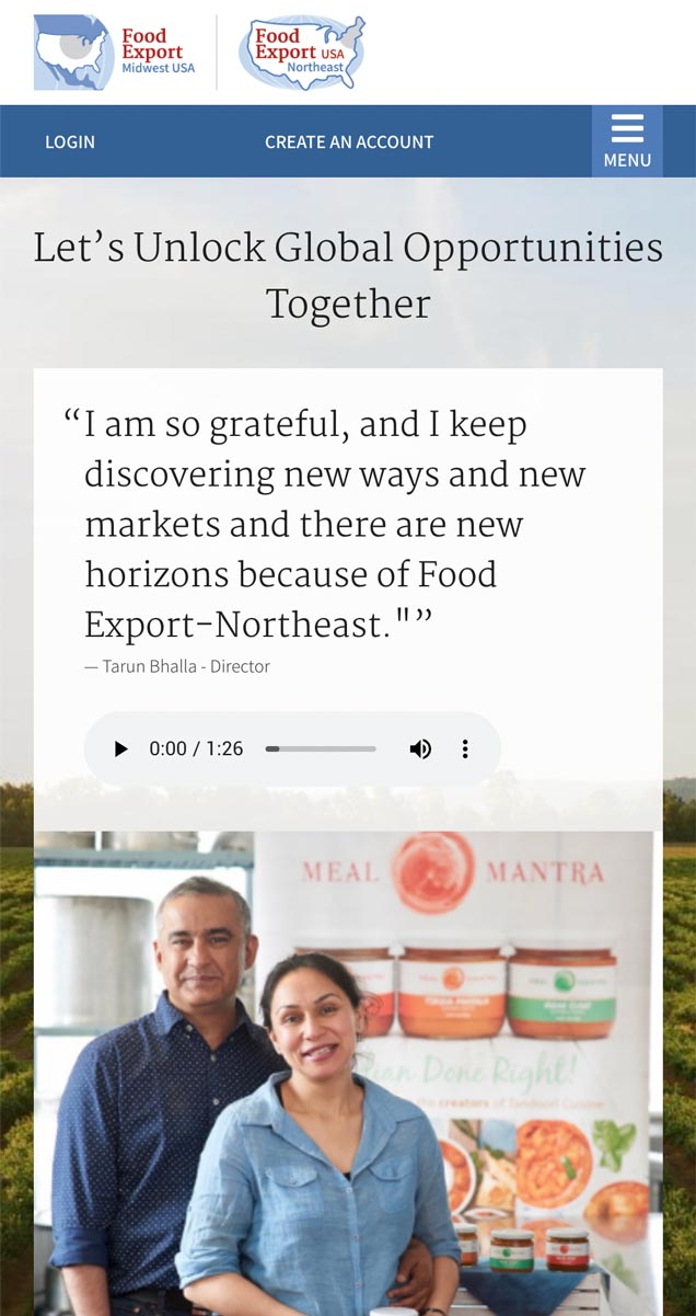 mobile view of food export homepage