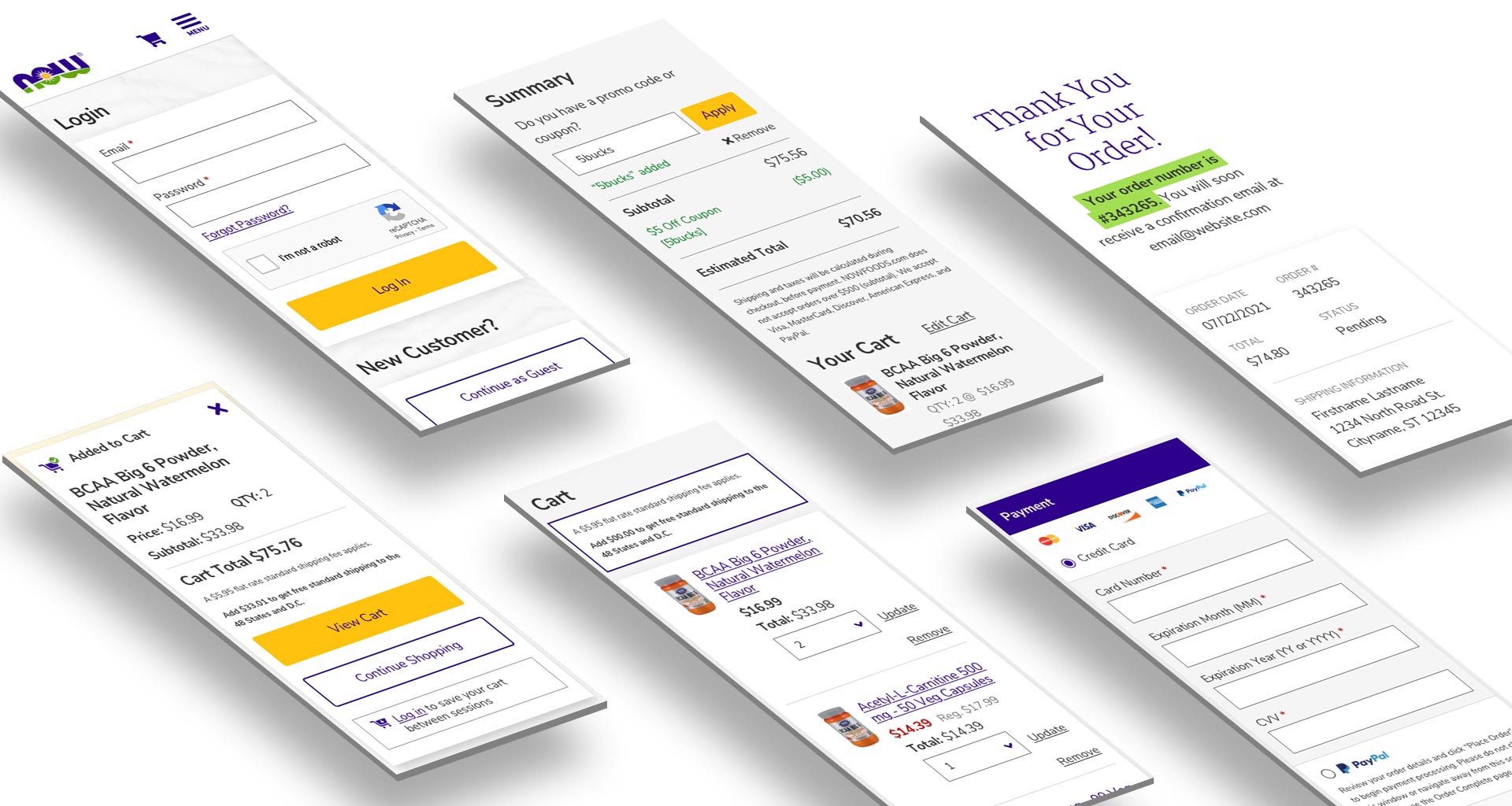 Group of mobile images showing the checkout flow of the Now Foods website