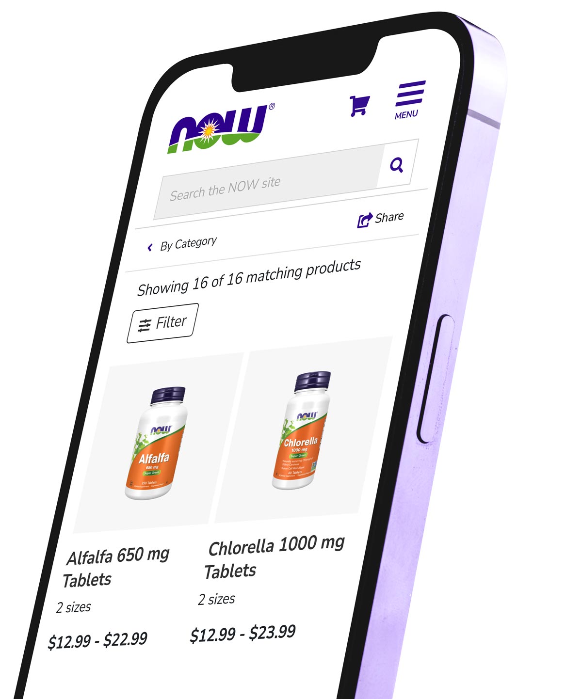 mobile phone showing grid of now foods products