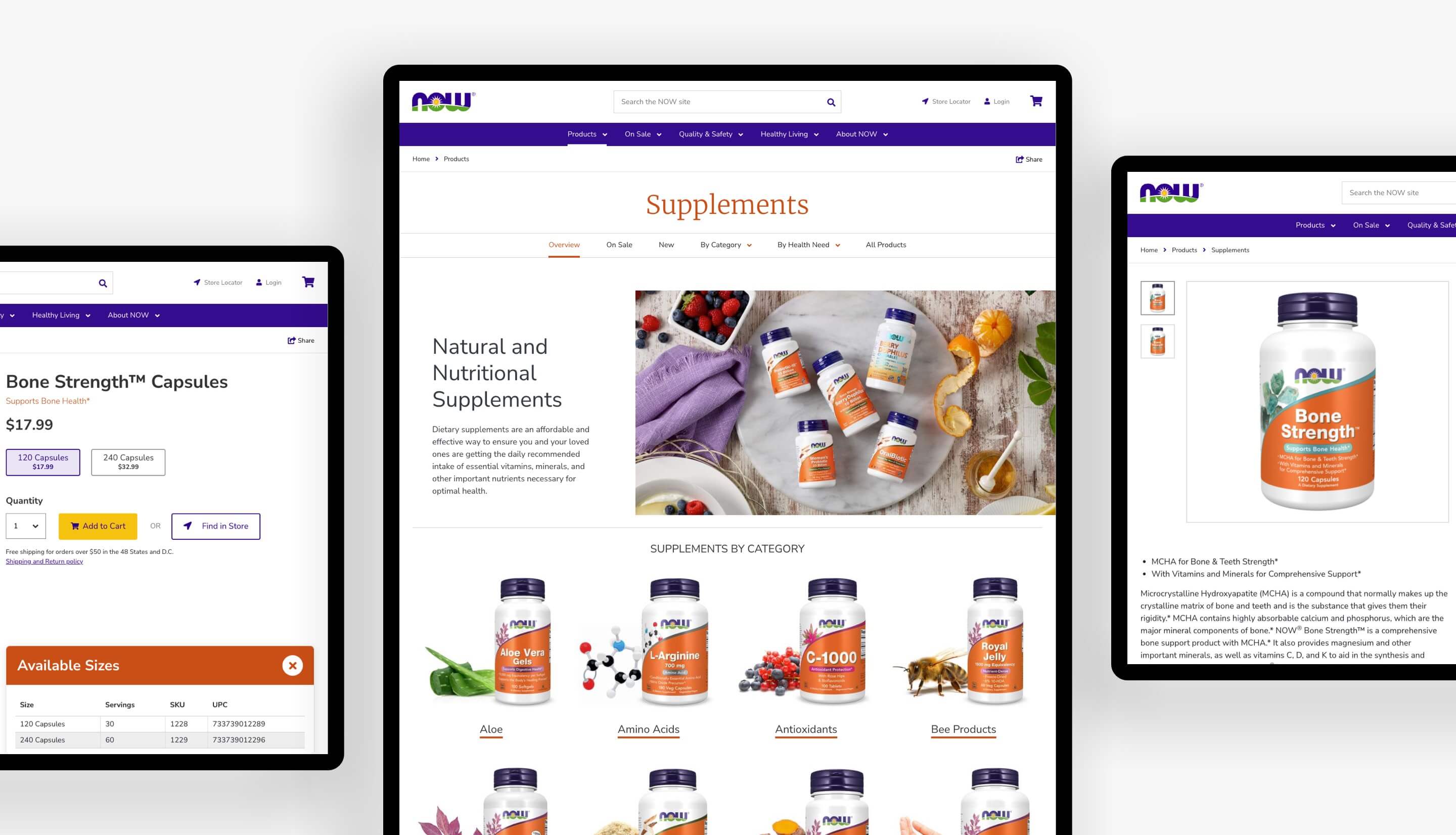 Group of devices showing the supplements page and a product detail page