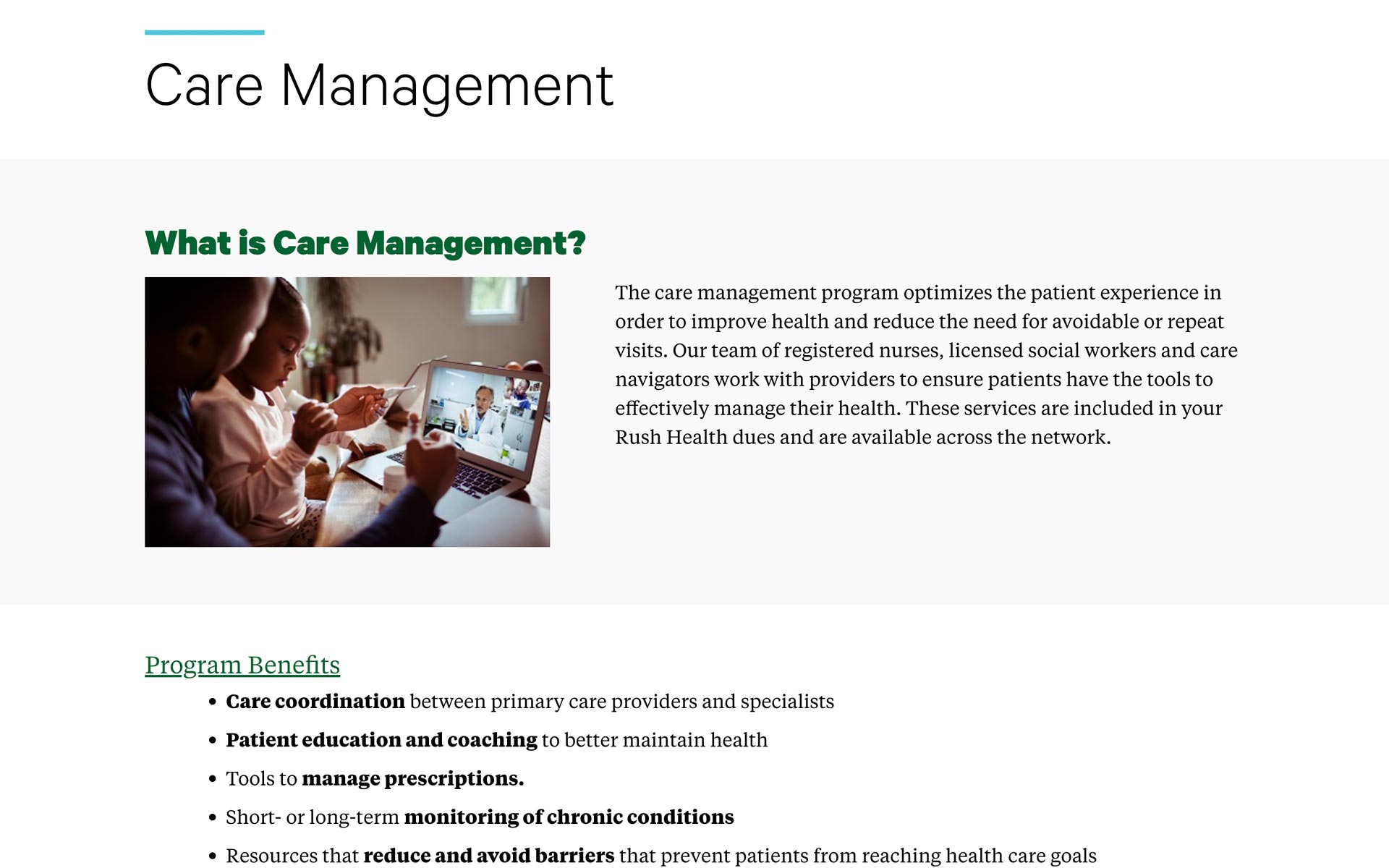 rush webpage showing care management