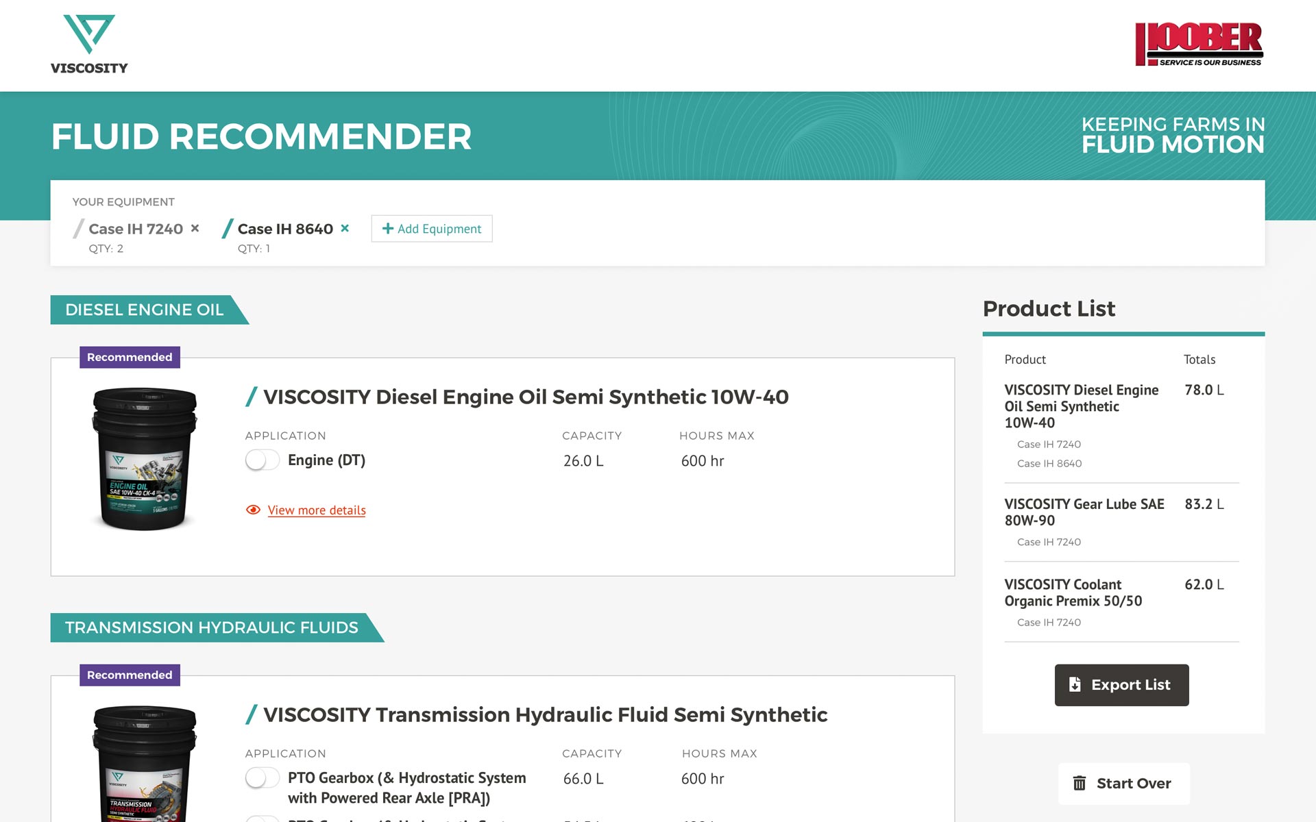 Viscosity fluid recommender screen