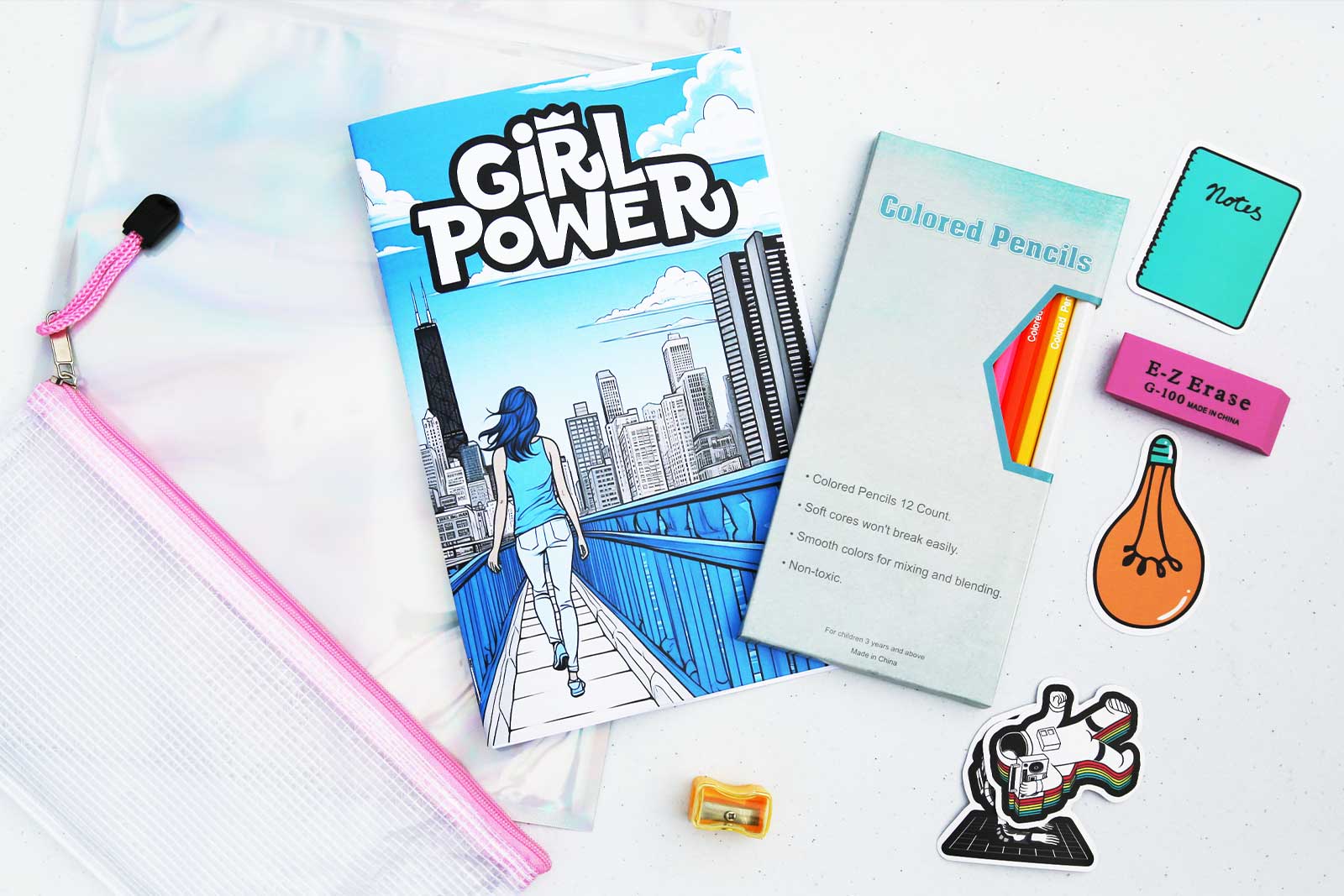 Coloring book kit including: pencil case, coloring book, colored pencils, eraser, sharpener, and STEM stickers
