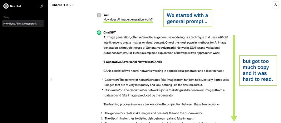 Screenshot of ChatGPT response to "How does AI image generation work?"