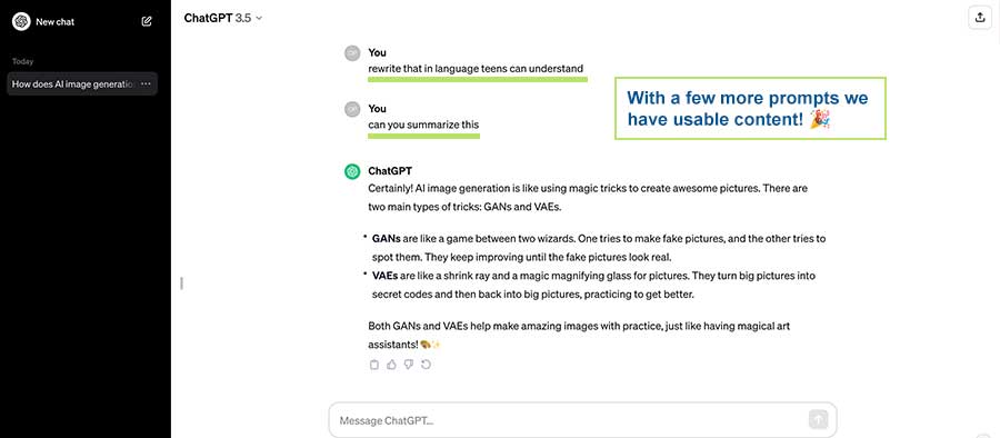 Screenshot of ChatGPT with prompts to rewrite and summarize content