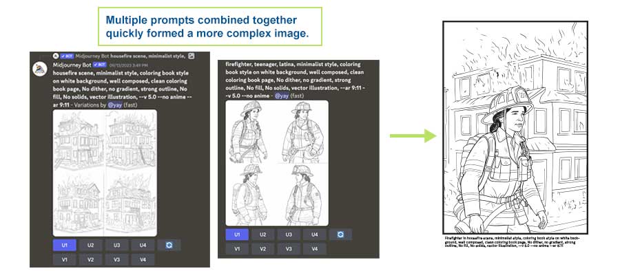 Screenshot of Midjourney prompts for a building on fire and a woman firefighter then combined into one final image.