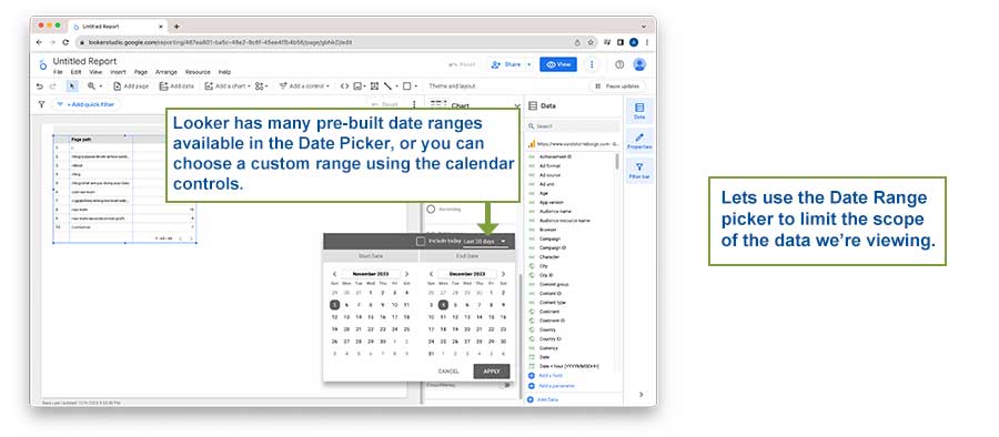 Screenshot of Looker Studio Date Range Selector