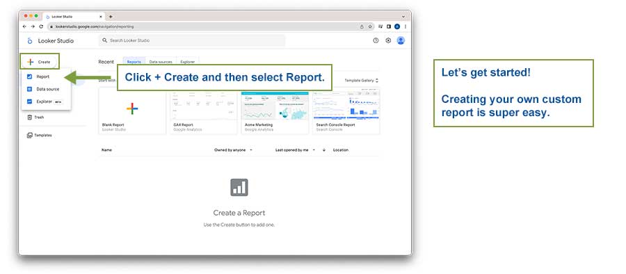 Screenshot of Looker Studio selecting report
