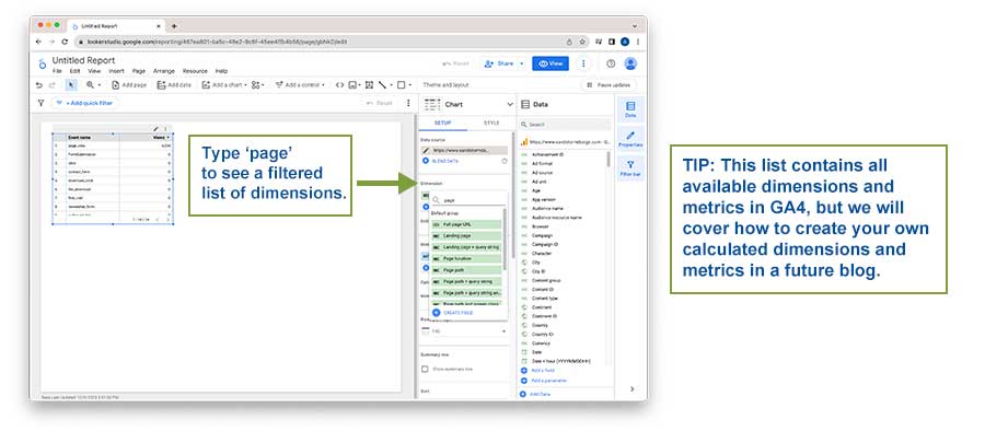 Screenshot of Looker Studio Page Path dimension