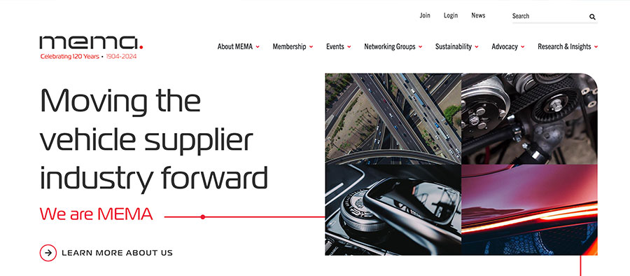 MEMA homepage screenshot - Moving the vehicle supplier industry forward