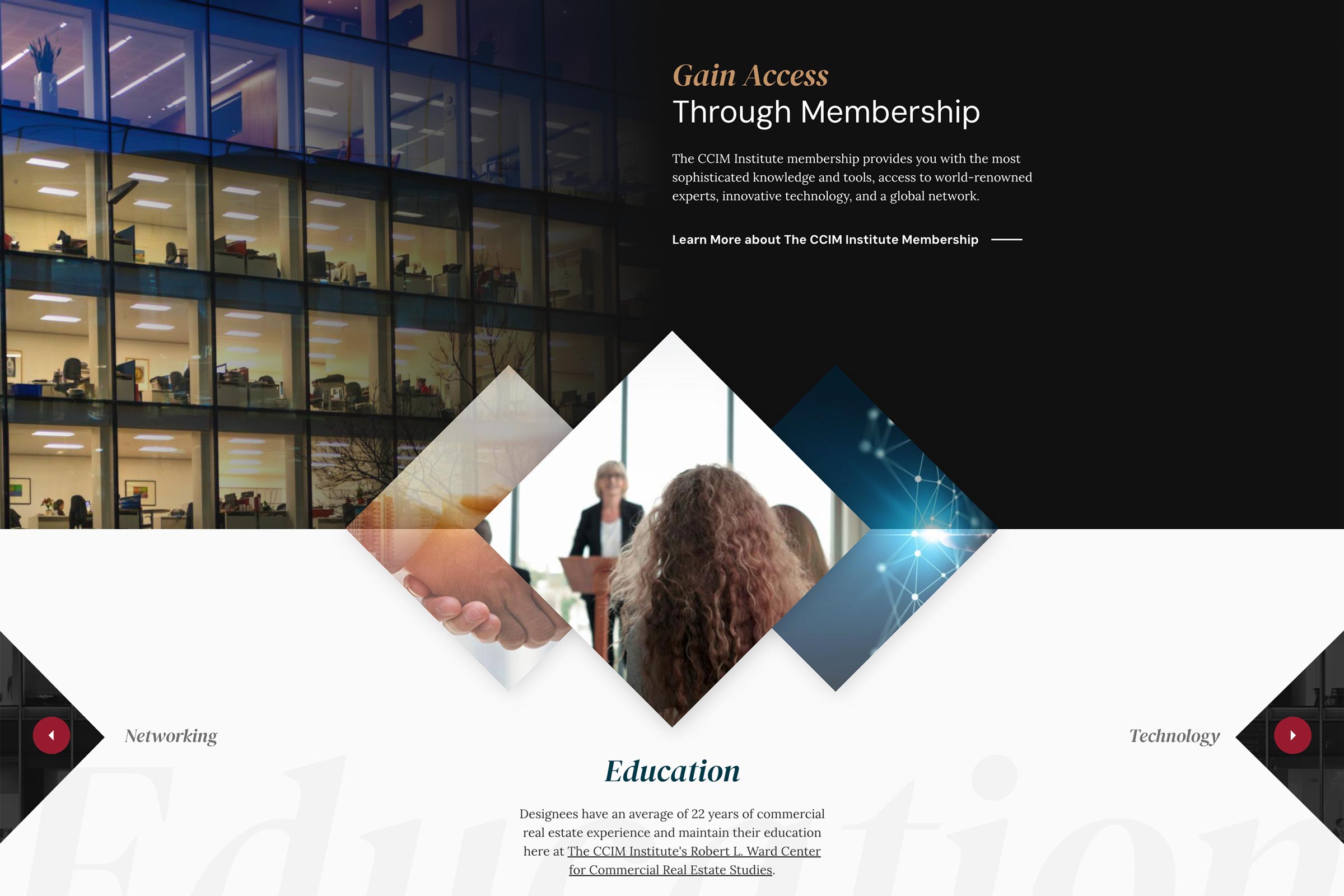 Diamond slider highlighting education and other association offerings