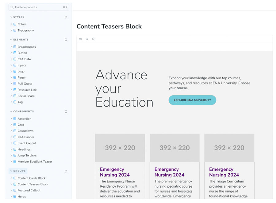 Image of the ENA Component library in Storybook. The left side includes a list of elements, components, and groups that map the library. The right side shows the content teaser block, which includes a few components.