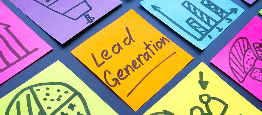 A set of colorful sticky notes are laid out, each drawn on in sharpie. The middle one says, “Lead Generation.”