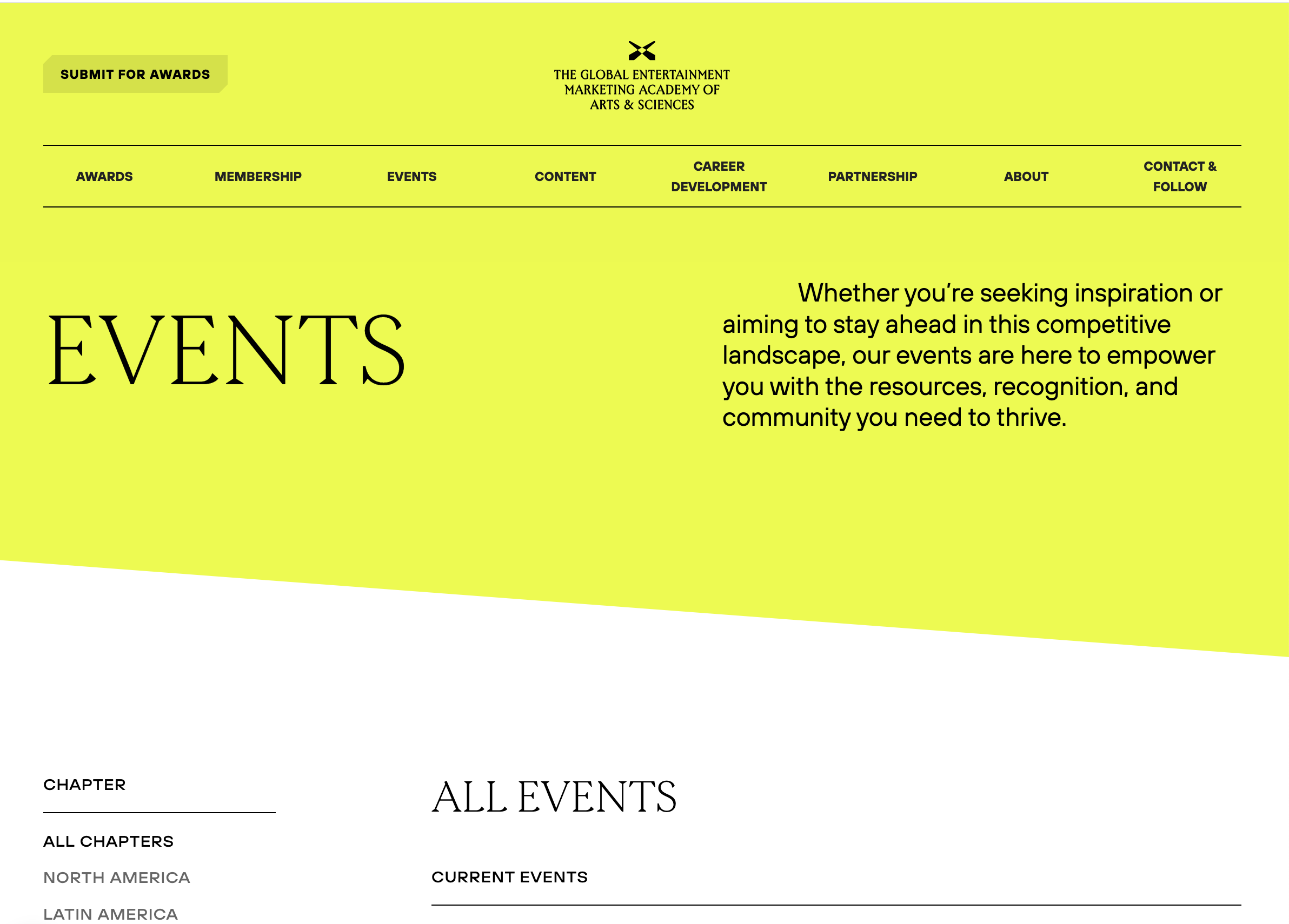 The Global Entertainment Marketing Academy of Arts & Sciences (GEMA) Events page screenshot