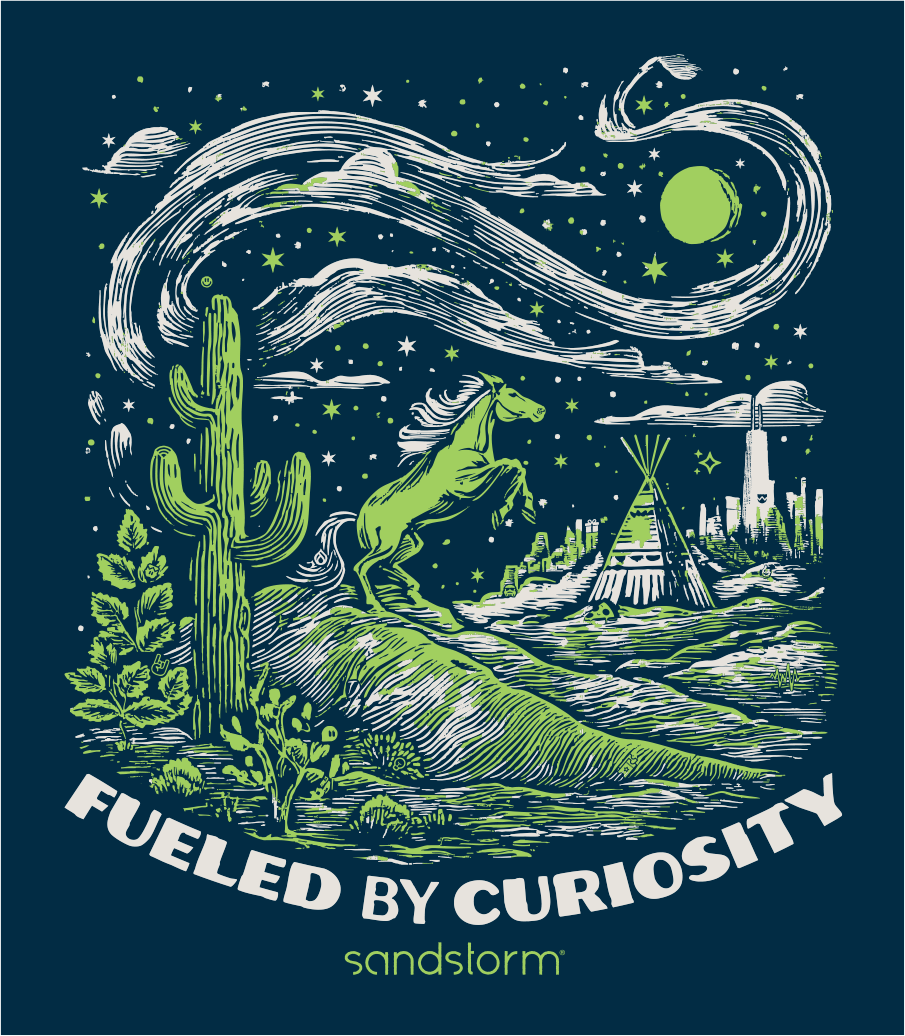Fueled by Curiosity graphic. Southwest style cactus, horse, desert scene with Chicago skyline. Includes hidden easter eggs.