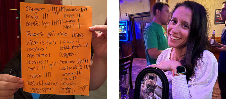 Left: Tally of silliness from santa game. Right: Laura with Bacon picture