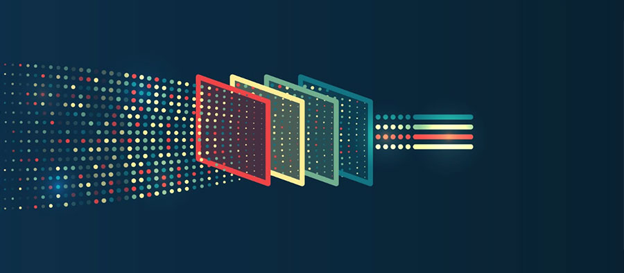 Abstract illustration of structured data: multicolored dots flow from left to right through layered transparent panels, organizing into clean rows of color-coded bars, symbolizing how Schema.org structures and standardizes information for search engines.