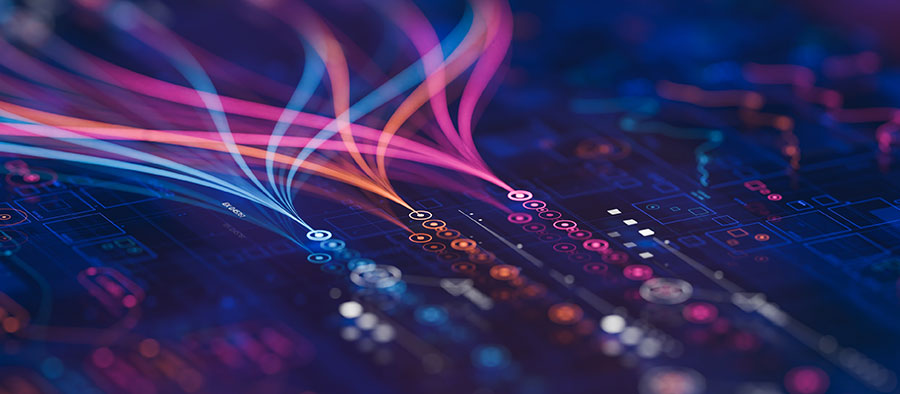 Glowing data lines on a dark circuit board background.