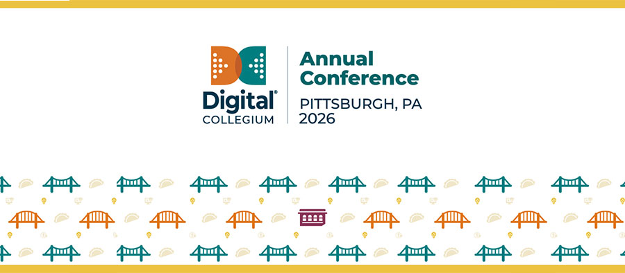 Digital Collegium 2026 conference banner with abstract bridge patterns.