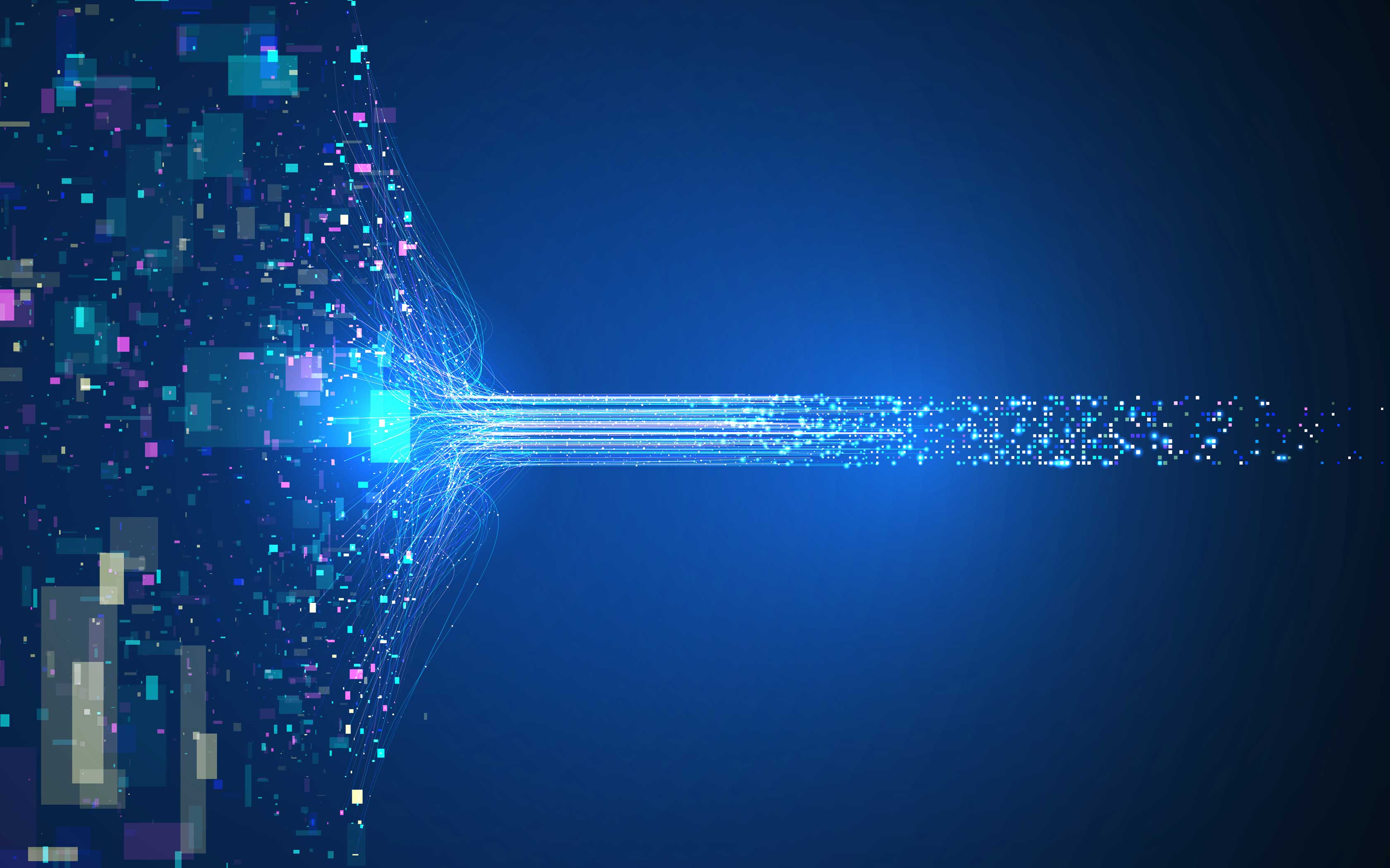 Dynamic digital data flow background. High-speed information stream with abstract particles and pixel blocks. Modern network connection concept for AI business, big data technology, science innovation