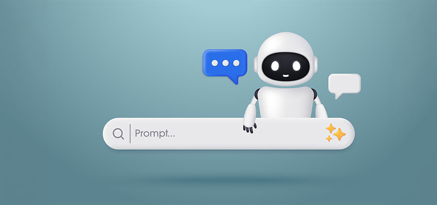 AI robot with a search engine bar and speech bubble. Concept of AI and machine learning. Generative bar. Input prompt as commands for search