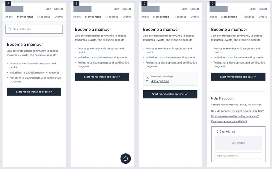 4 wireframes showing different locations for help.