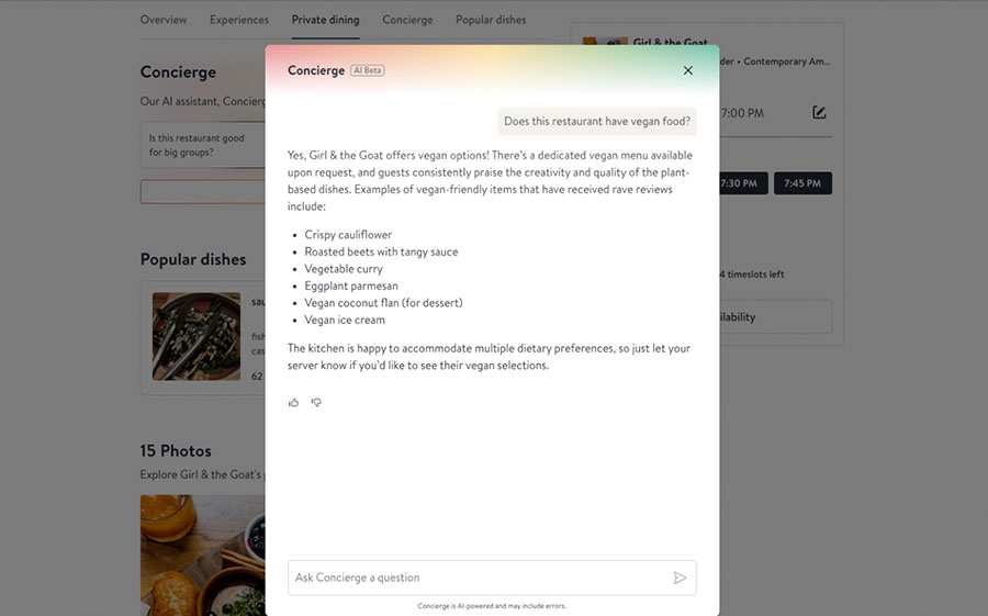 Chat window with tips on using OpenTable Concierge.