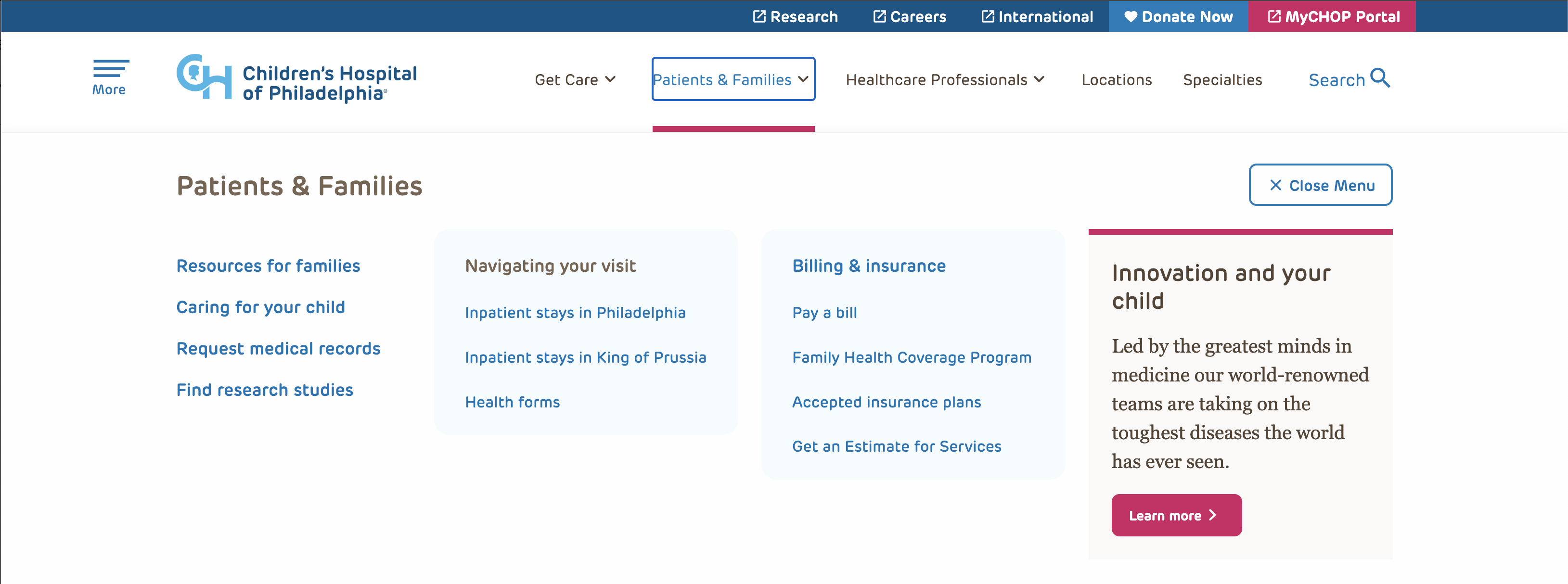 Children's Hospital of Philadelphia navigation organized around family needs.