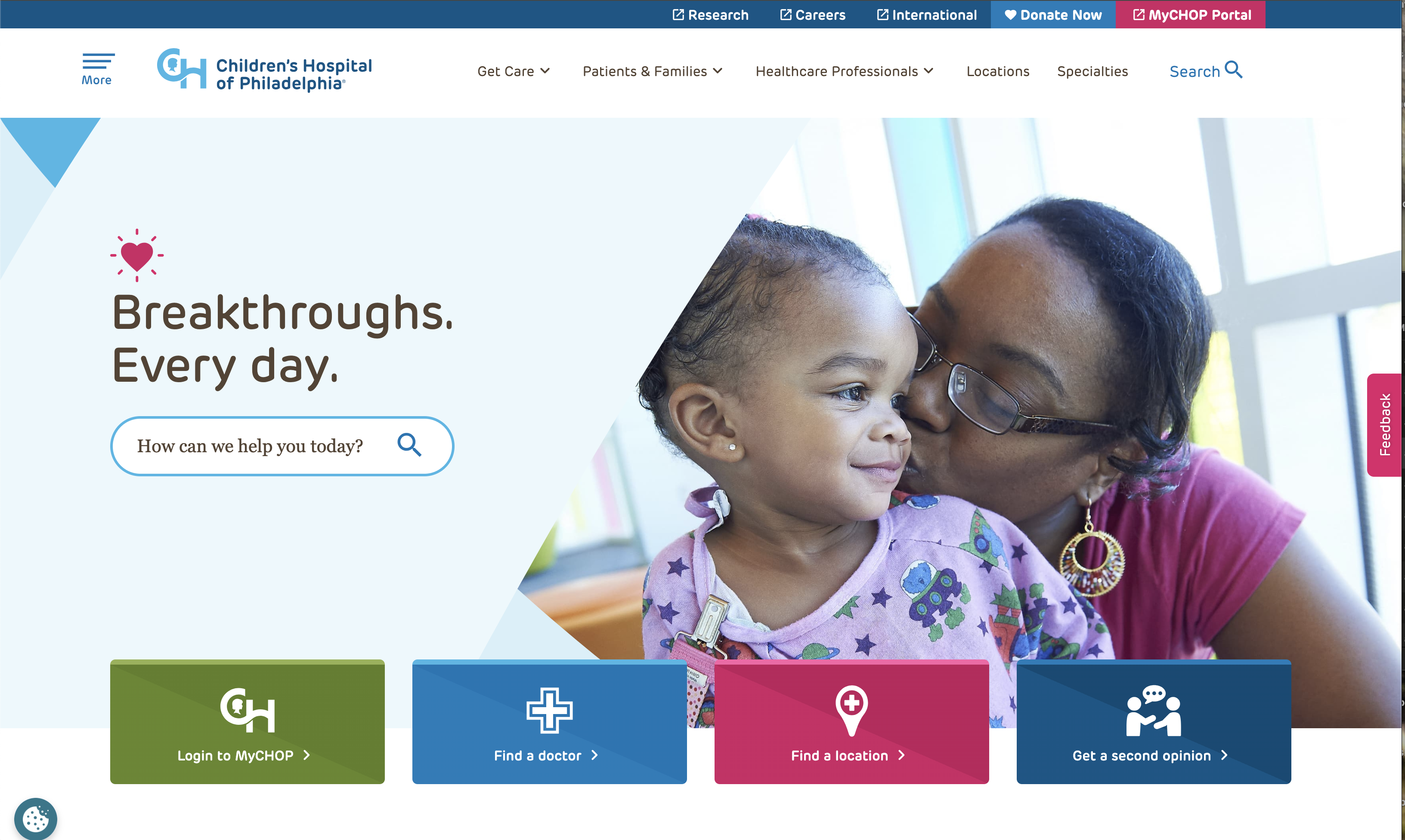 Children's Hospital of Philadelphia homepage featuring welcoming imagery and family-focused navigation.