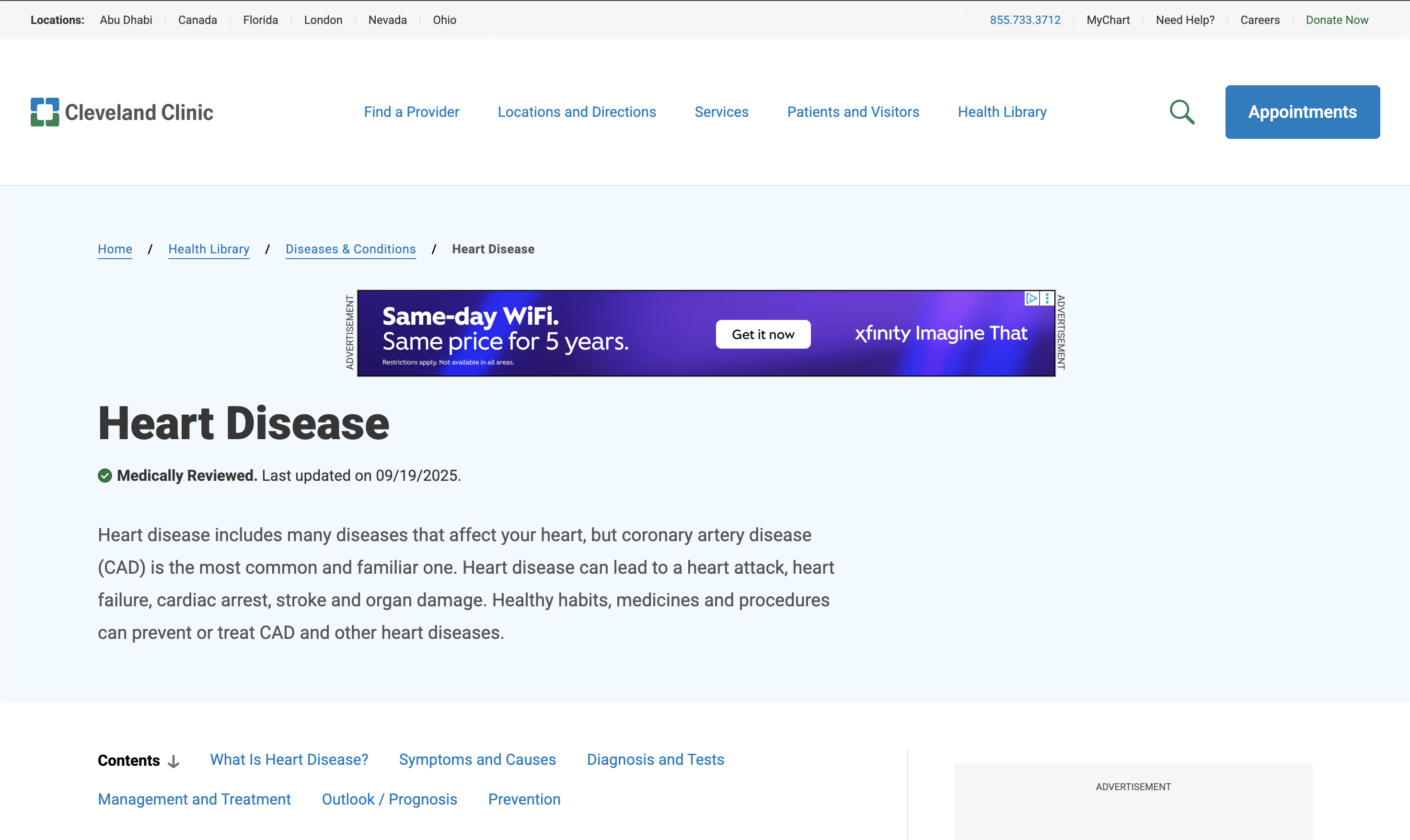 Cleveland Clinic heart disease page featuring medically reviewed content and clear section headings.