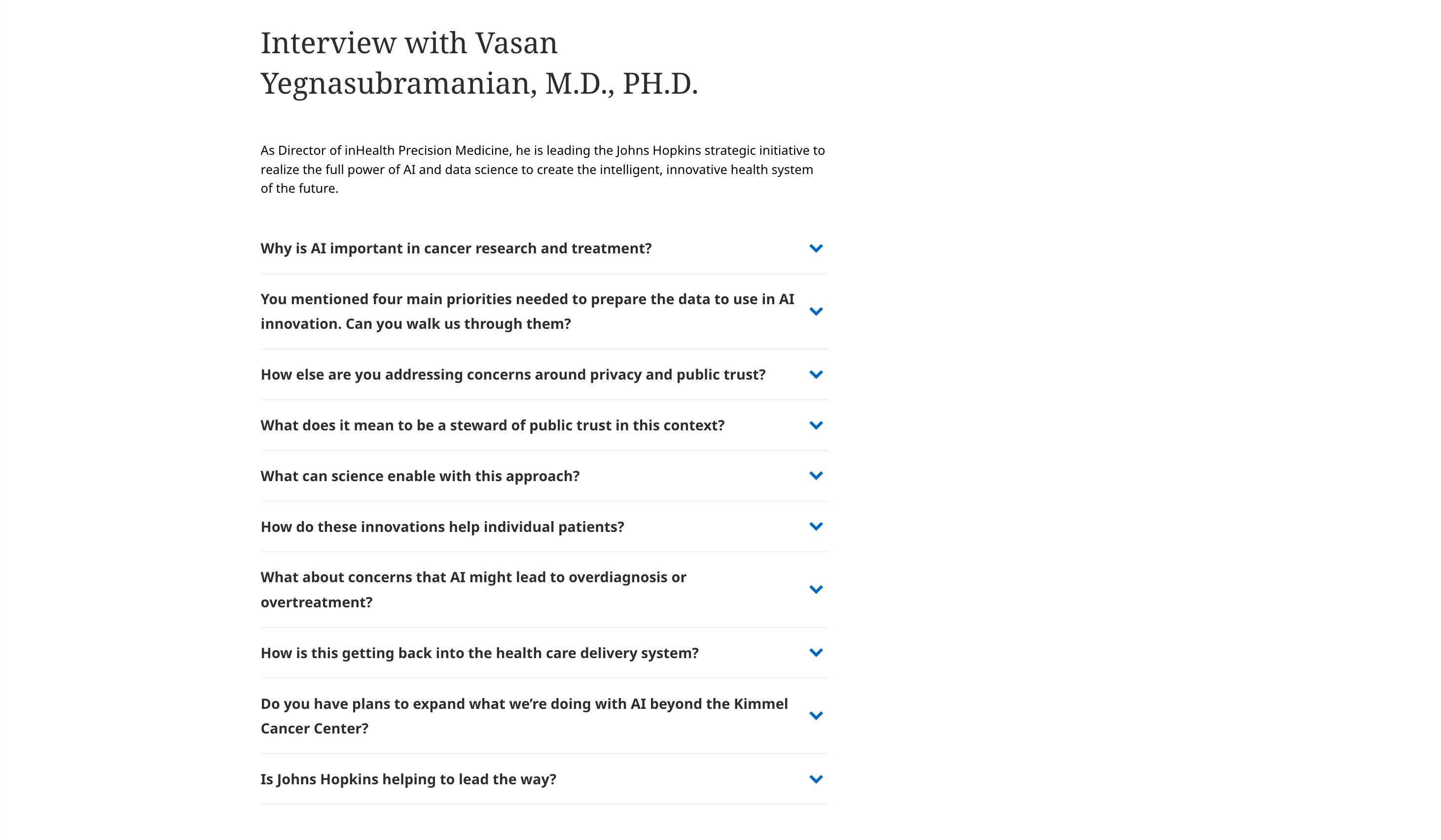 Johns Hopkins Medicine interview using expandable FAQ sections to organize expert answers.