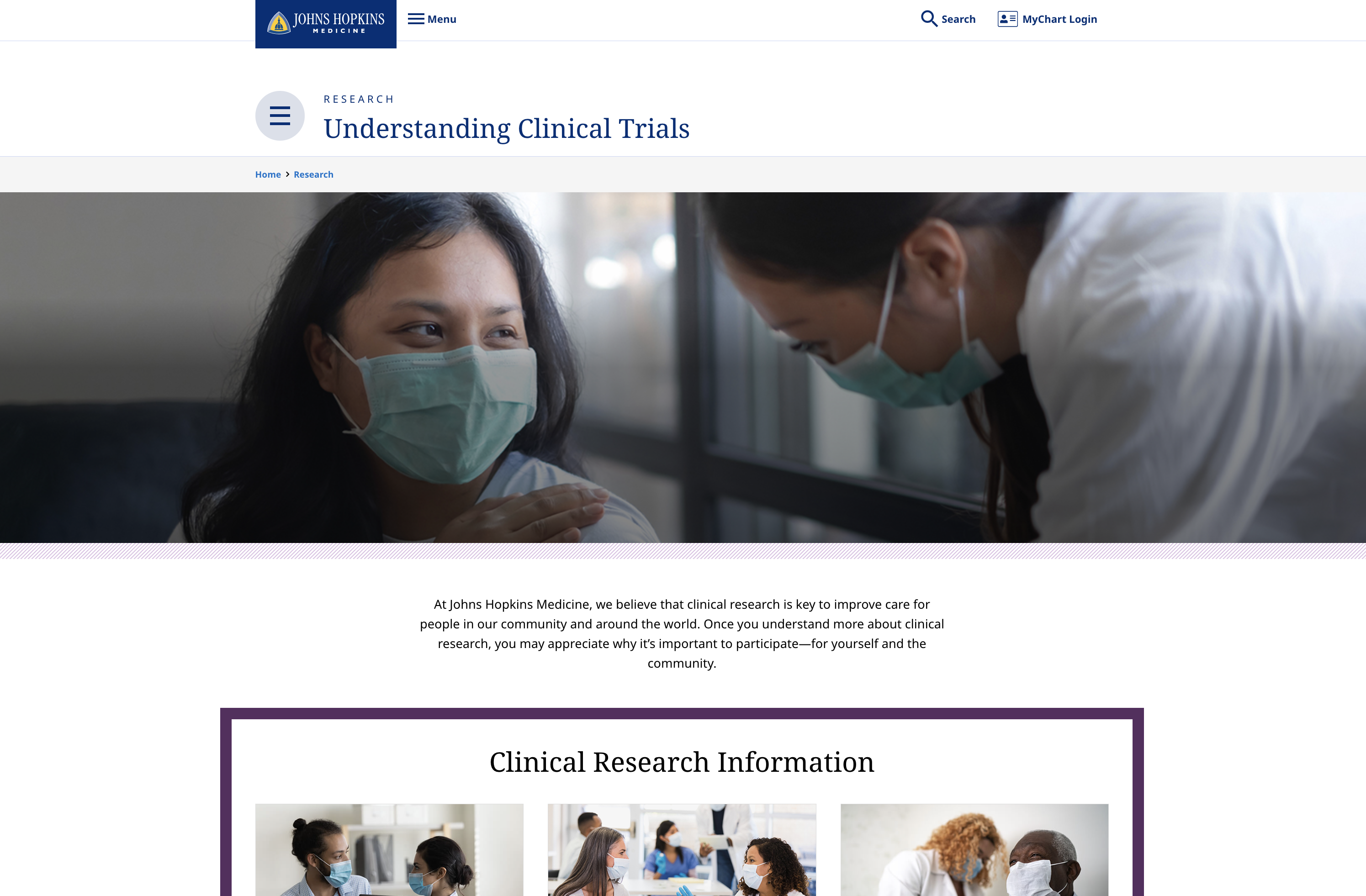 Johns Hopkins Medicine clinical research page organized around patient questions.
