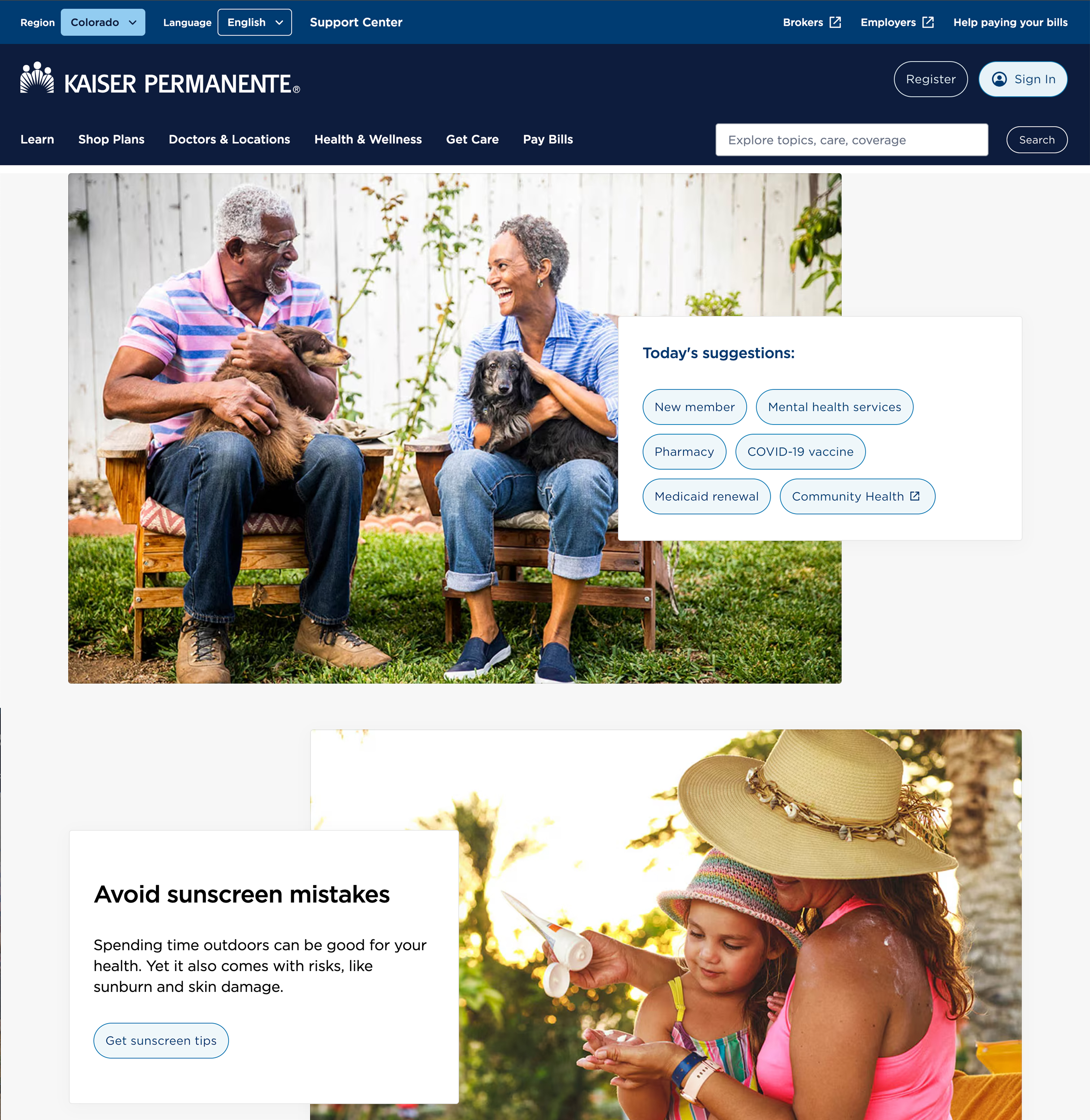 Kaiser Permanente homepage highlighting common patient tasks and personalized recommendations.