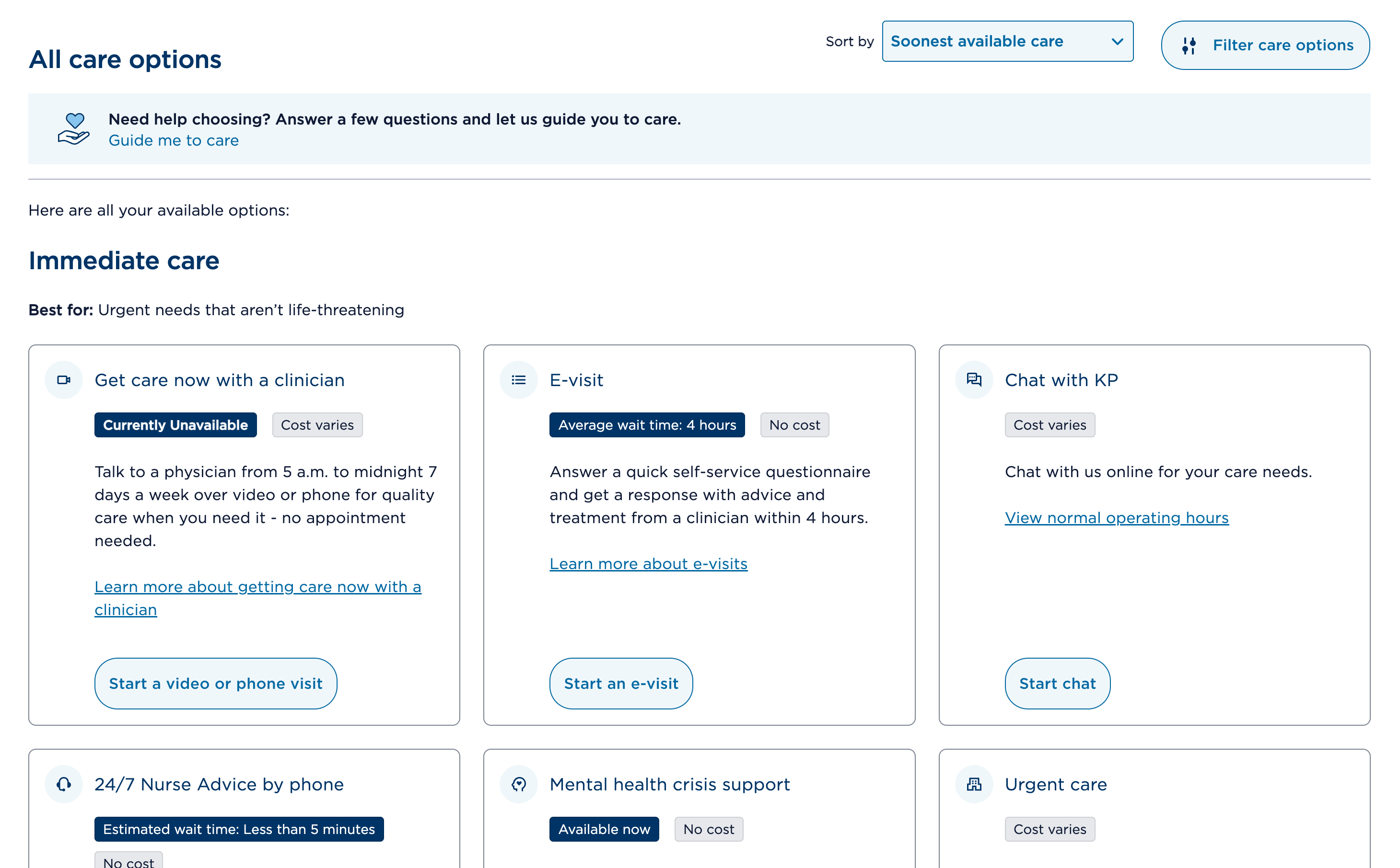 Kaiser Permanente care options page displaying multiple digital care services.