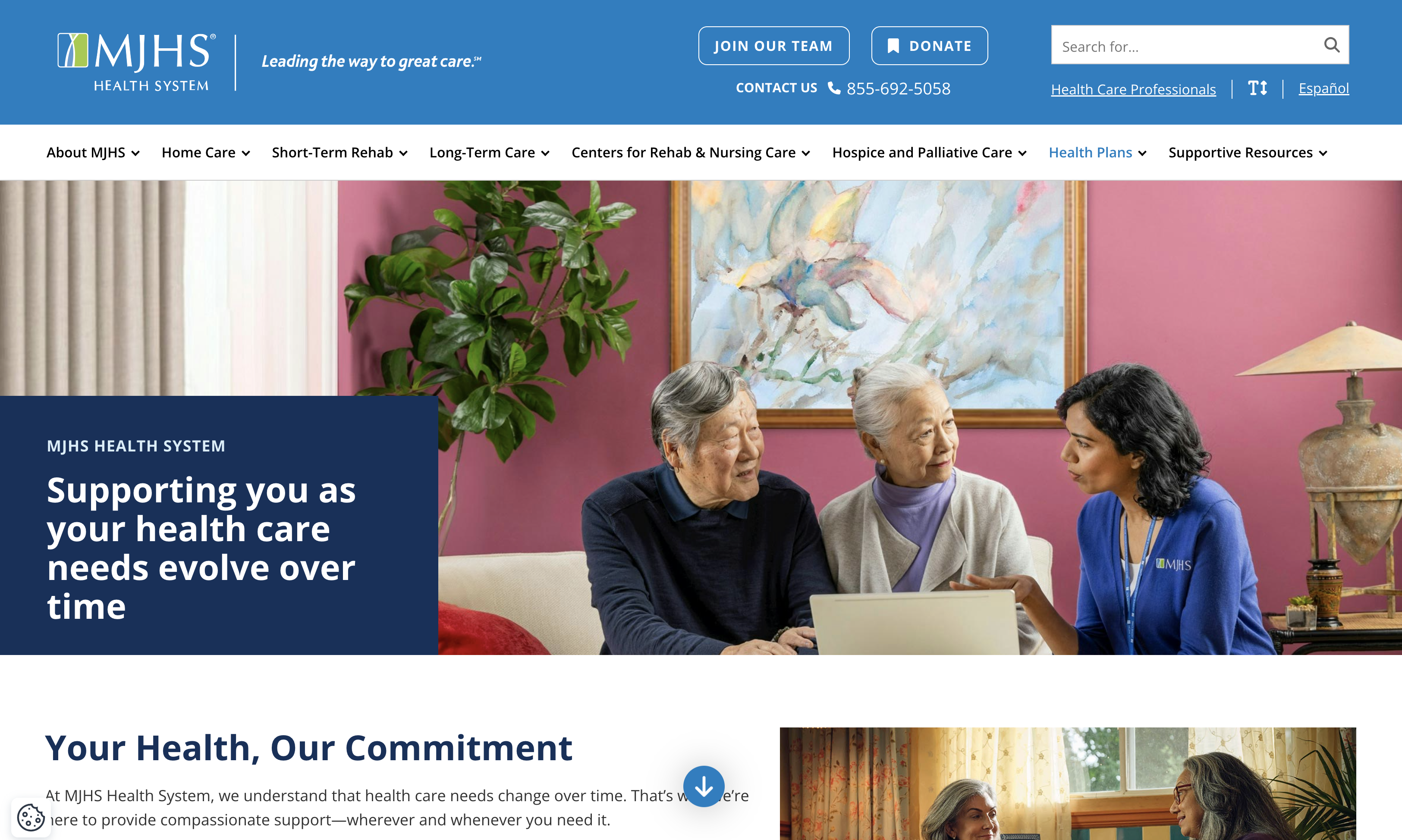 MJHS homepage featuring patient-centered navigation and care services.