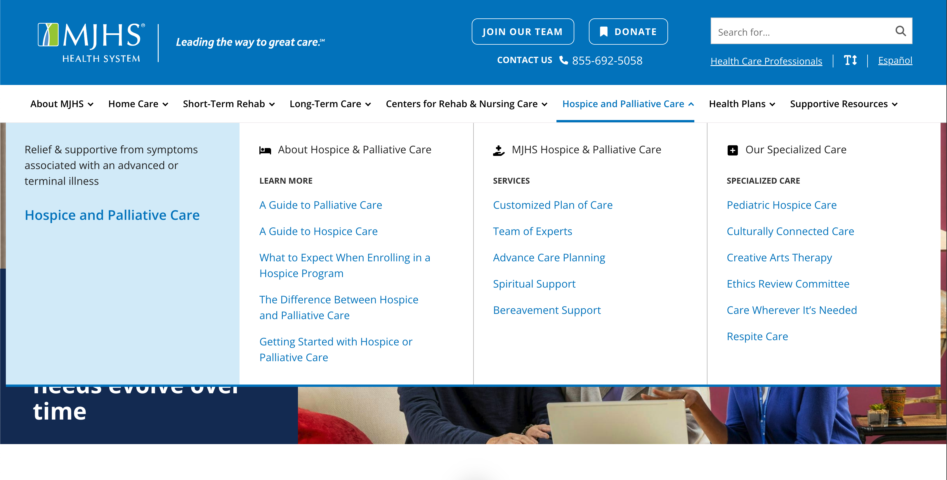 MJHS navigation menu organizing hospice and supportive care services by patient needs.